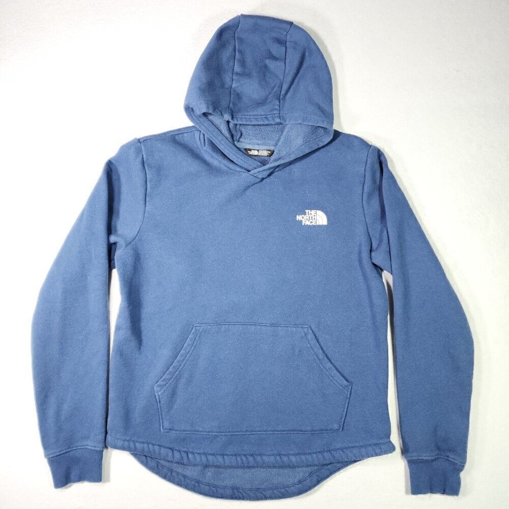 North Face Teen Girl Graphic Hoodie XXL 18 Blue Pink Cotton Poly Pocket Pullover